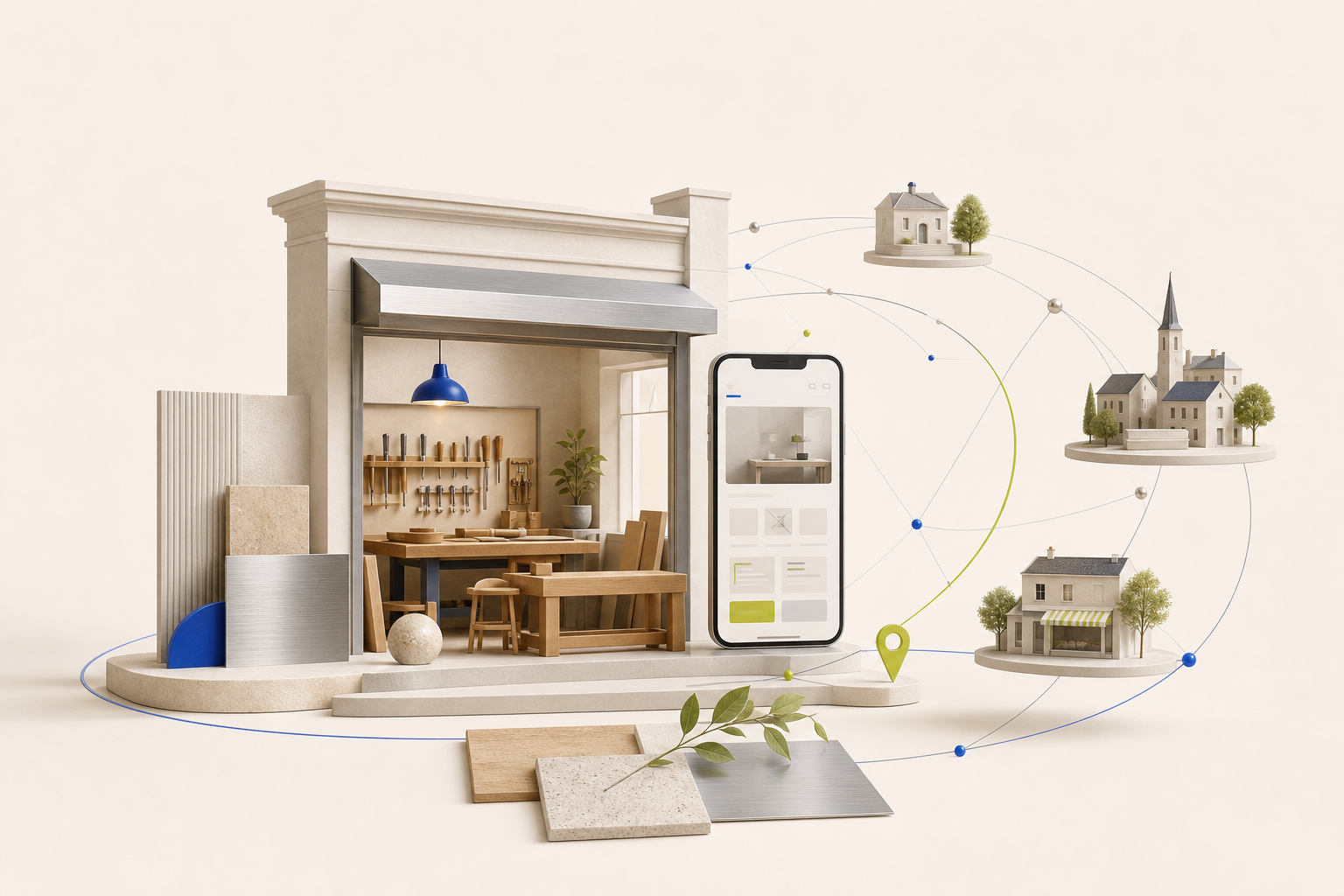 Atelier d’artisan relié à un téléphone et à des commerces de proximité par un réseau graphique