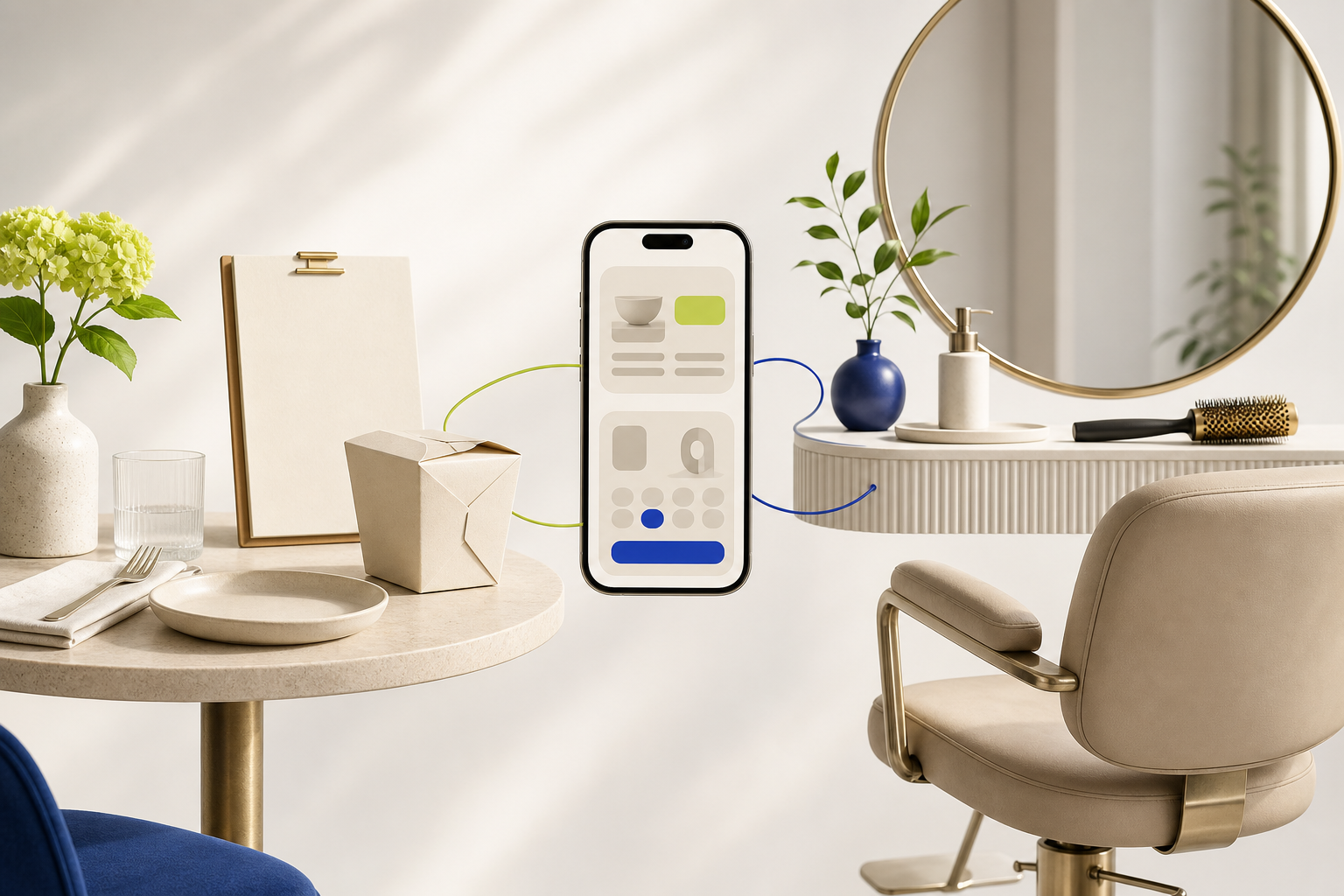 Table de restaurant et fauteuil de salon de coiffure reliés à une interface de réservation sur téléphone