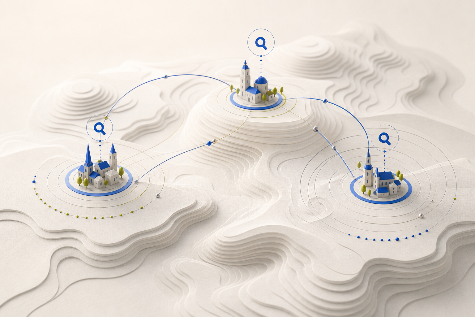 Carte topographique stylisée avec trois villages reliés par des signaux de recherche locale